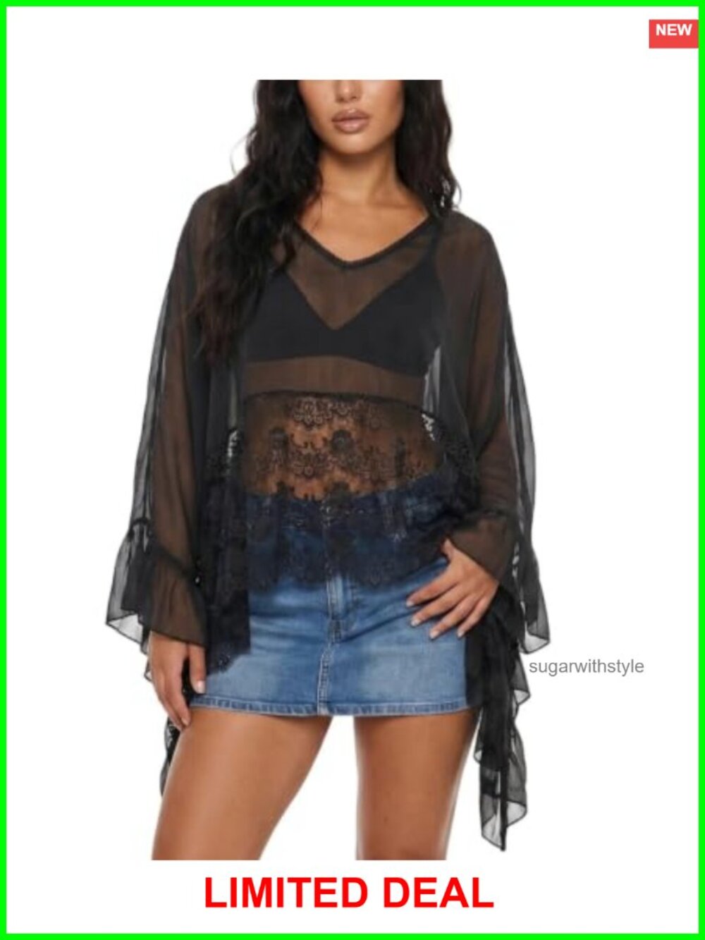 Sheer Lace Poncho Cover Up Batwing Sleeve Mesh Blouse